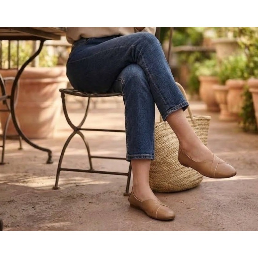 Bali ELF Leather Ballet Flats Women 7 Vintage Tan Handmade Slip On Boho Neutral